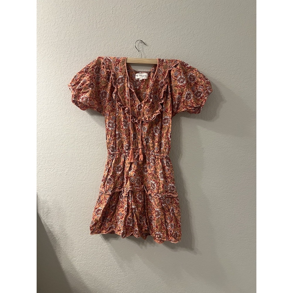 Maisie Coral Floral Print Puff Sleeve Tie Neck Mini Dress Nordstrom Size S